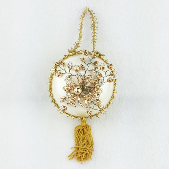 Vintage Satin Beaded Christmas Ornament Cream Gold - Picture 2 of 11